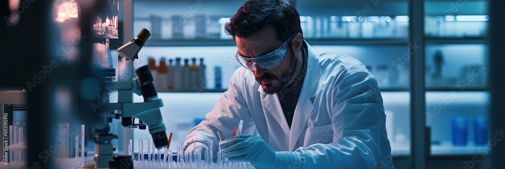 Poster A scientist meticulously handles test tubes and samples in a laboratory, focused on precise research and analysis under artificial lights. Generative AI