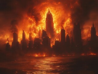 a dramatic scene of a city engulfed in flames amidst a raging storm showcasing crumbling buildings and fiery skies evoking a sense of destruction and despair in a dystopian perspective