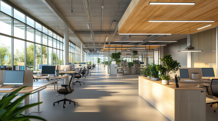 Modern open office space with workstations, wood panel ceiling, and large windows. Light design. Concept of contemporary work environment