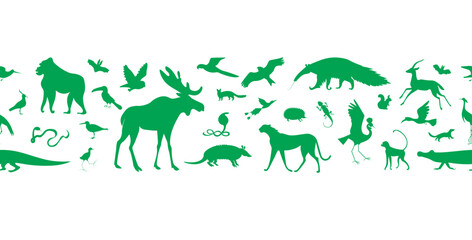 World animals. Vector green silhouettes seamless border.