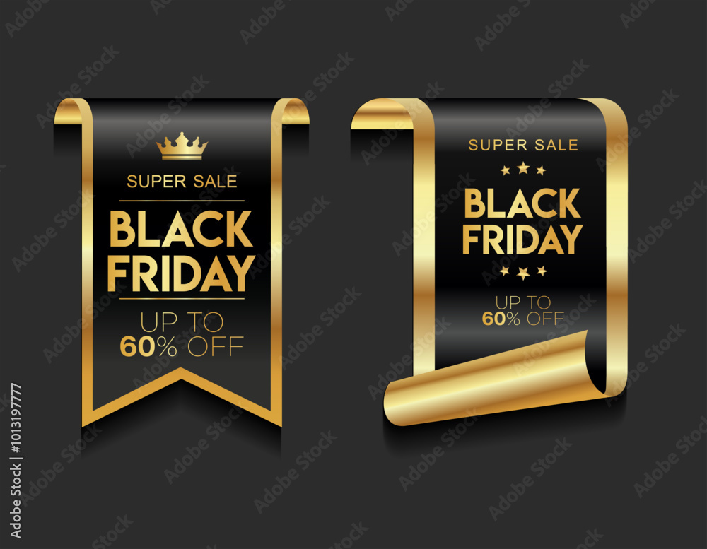 Sticker Black Friday golden luxury label premium quality certificate ribbons vector illustration 