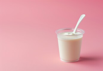 Minimalist Studio Shot of Plastic Yogurt Cup with Spoon and Milk.