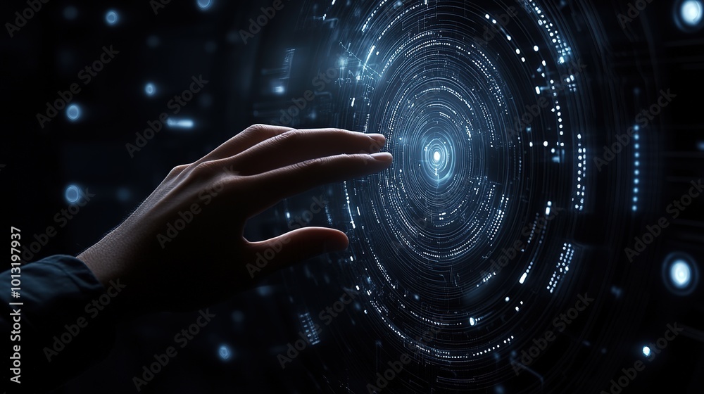 Poster hand touching a spinning data flow, data flow processing visualization background