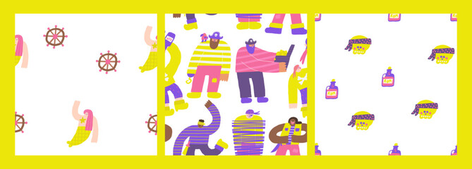 Cute pirate theme seamless pattern. Funny hand drawn doodle repeatable pattern with bandit, treasure chest, parrot, hook hand, rum, pirates. Marine, nautical, Caribbean bandit background
