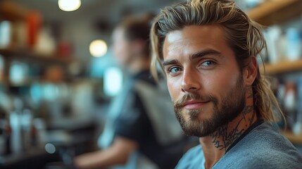 Intense gaze of a tattooed man with long blond hair.  His stylish beard and neck tattoo add a rugged charm, while his blue eyes captivate. The blurred background hints at a busy salon.