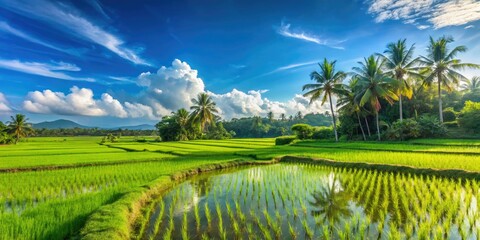Lush rice paddies flourish in the countryside, their vibrant green leaves glistening under a bright blue sky, creating a serene and picturesque rural scene.