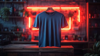 Moody nights and urban vibes. This dark teal t-shirt hangs elegantly against a backdrop of warm neon lights, creating a captivating contrast. Perfect for streetwear and fashion photography.