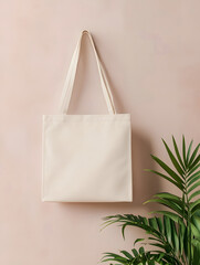 Minimalist Beige Tote Bag Hanging on the Wall with Natural Light and Plant design