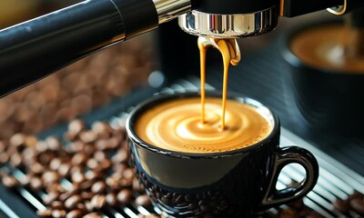 Modern coffee machine pouring fresh, steaming coffee into a black cup, surrounded by coffee beans, capturing the essence of a contemporary, energizing coffee moment. Video