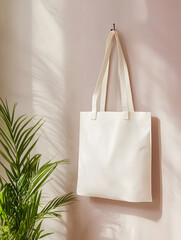 Minimalist Beige Tote Bag Hanging on the Wall with Natural Light and Plant design