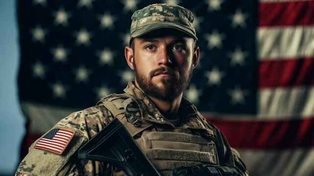 A soldier exudes strength and honor against the backdrop of the American flag, showcasing dedication and the spirit of patriotism. This powerful image captures the essence of military service.