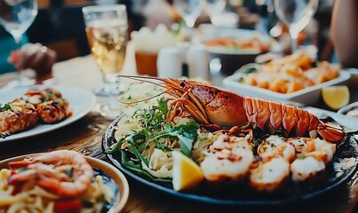 Lobster and Seafood Feast on a Rustic Table