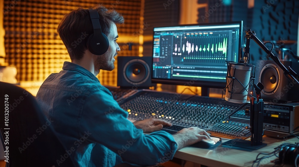 Aufkleber a skilled podcaster is actively recording in a well-equipped studio while analyzing sound waves on t