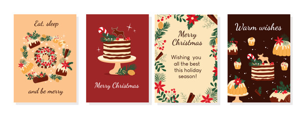 Hand drawn set of warm Christmas greeting cards with traditional cakes, sweets and winter decoration.