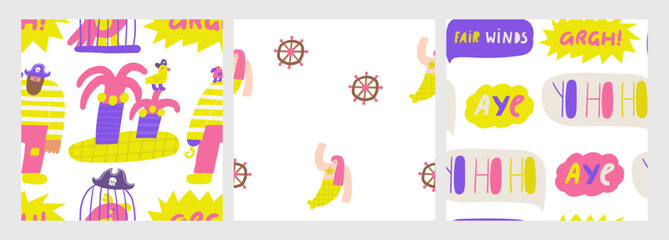 Fototapeta premium Cute pirate theme seamless pattern. Funny hand drawn doodle repeatable pattern with bandit, treasure, parrot, hook hand, island, hat, cage, bird. Marine, nautical, Caribbean bandit background