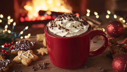 A cozy scene featuring a red mug of hot chocolate topped with whipped cream and chocolate shavings, surrounded by festive decorations.