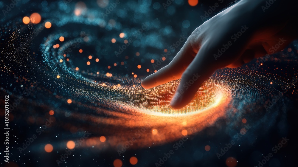 Poster hand touching a spinning data flow, data flow processing visualization background