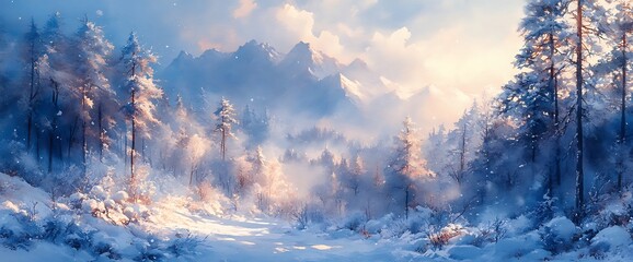 A snowy forest path leads through a winter wonderland, with tall pine trees dusted in frost 