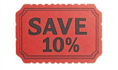 Red vintage-style discount coupon with bold "Save 10%" text, ideal for promoting sales, special offers, and discounts.
