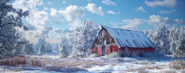 Snow-covered barn in a winter landscape, 4K hyperrealistic photo