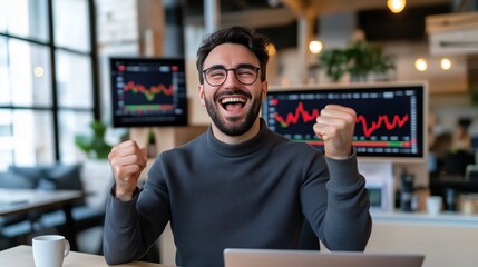 Excited Trader Celebrating Success in Forex Market with Rising Graphs on Screens in Modern Office Setting