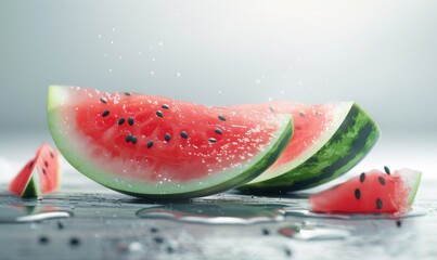 Freshly sliced watermelon, white background, 4K hyperrealistic photo