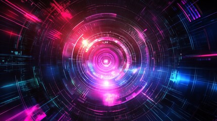 Obraz premium Abstract futuristic background with glowing neon circles and lines.