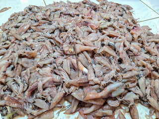 piles of fresh, small-sized raw squid for sale at traditional markets