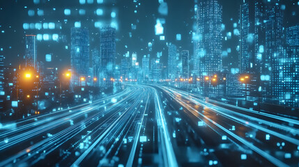 Fototapeta premium Digital Cityscape with Data Flow