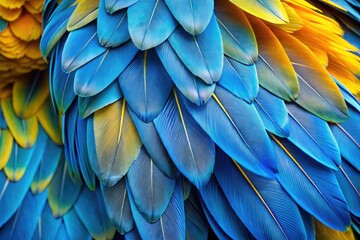 Obraz premium The stunning blue and gold feathers of macaws display remarkable textures and rich hues, embodying nature's vibrant colors and intricate designs in their beauty.