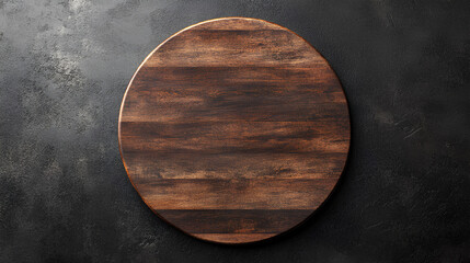 On black table, circular wooden tray or cutting board. Top view of barren kitchen with saw-cut...