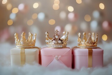 Elegant golden crowns on pastel gift boxes with festive bokeh lights