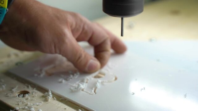 Milling machine. The milling machine operator cuts letters on plastic. A milling machine cuts letters out of a plastic sheet.