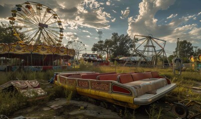 Decaying Carnival Rides Discovery, 4K hyperrealistic photo