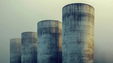 Four large cylindrical silos in misty outdoor setting during daytime