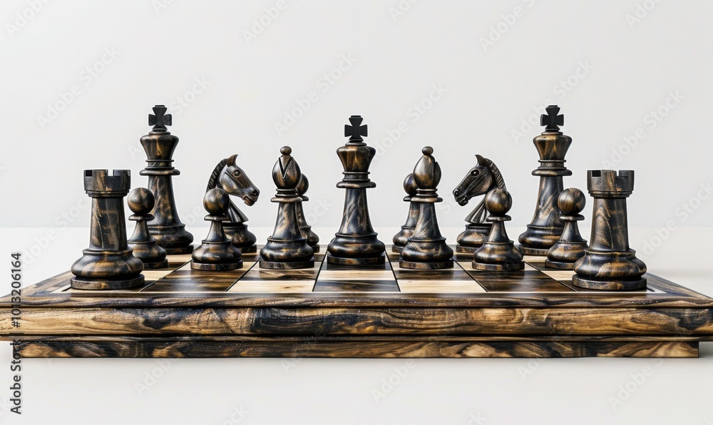 Wall mural handcrafted wooden chessboard, white background, 4k hyperrealistic photo