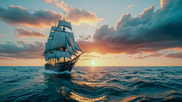 Beautiful old sailboat in sunset rays on the sea, old sailing brigantine