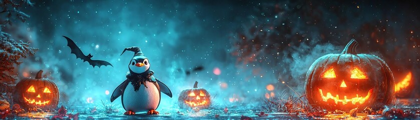 Naklejka premium Penguins in vampire costumes sliding on haunted ice, glowing jacko lanterns lighting their way, with eerie fog rising around them, ideal for ads