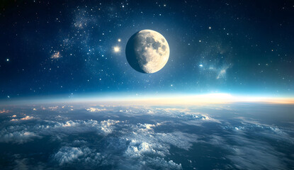 Bright Full Moon Above Clouds and Starry Night Sky, Mesmerizing Celestial Landscape, Tranquil and Mystical Atmosphere for Nighttime Themes design