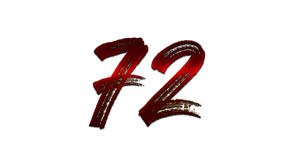 3D blood red number design of 72 on white background.
