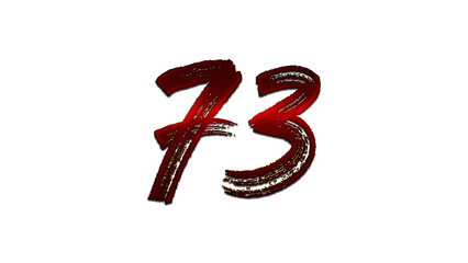 3D blood red number design of 73 on white background.