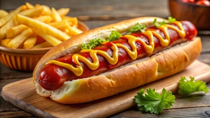 Savor a mouthwatering hot dog featuring juicy grilled sausage, zesty ketchup, and mustard, complemented by a side of