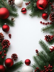 A festive arrangement of red and white ornaments with pine branches, perfect for Christmas.