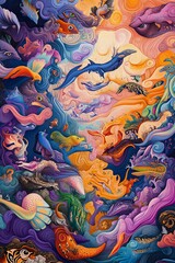 High-angle view of a vibrant fantasy landscape, exotic animals thrive in surreal harmony, colors blend and swirl
