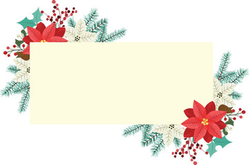 Christmas floral frame with red poinsettia, mistletoe, red berries and fir branches.