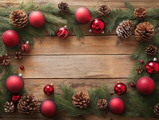 A festive arrangement of red ornaments and pinecones on a wooden surface for Christmas.