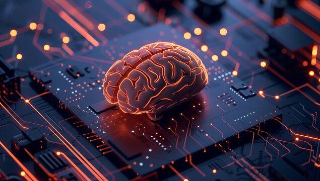 3D Rendering of Human Brain on Circuit Board Surrounded by Data Streams - Powered by Adobe