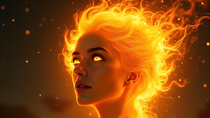 a yellow orange sun with a female facial features black pupils in passionate piercing orange eyes and sun flames for hair set against a dark starry sky