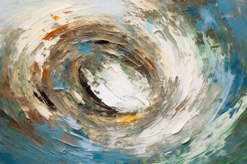Abstract oil painting with swirling patterns in shades of blue, green, white, and brown