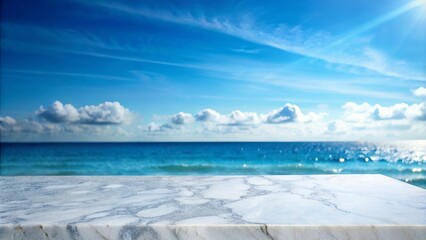 Showcasing an elegant white marble table with a dreamy blue sky and sea bokeh backdrop, ideal for captivating